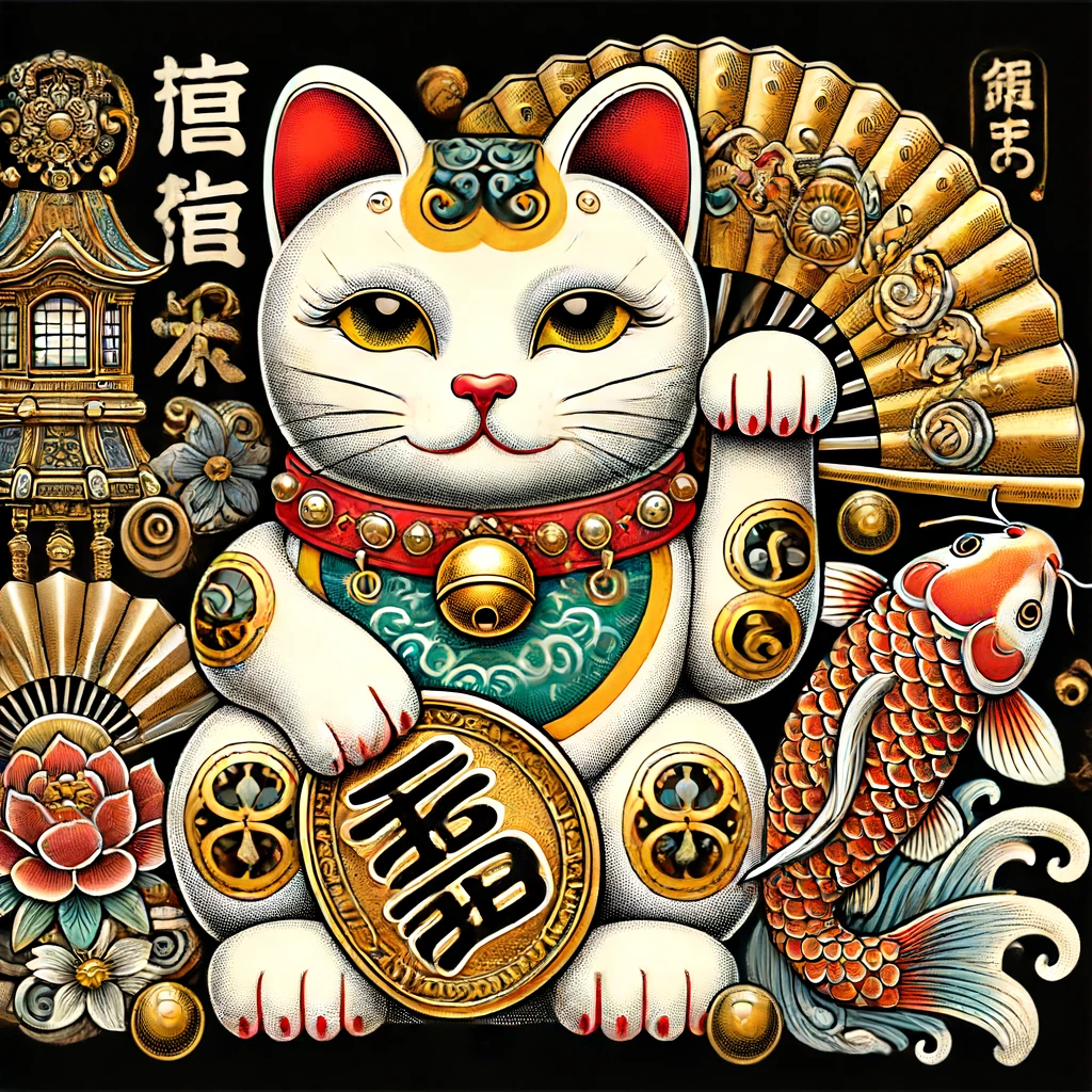 招き猫 (Maneki-neko) với đầy đủ phụ kiện